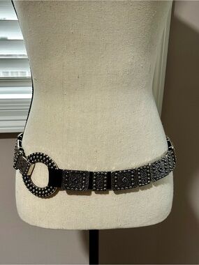 Studded Stretch Black Fashion Waist Belt with Silver Slides